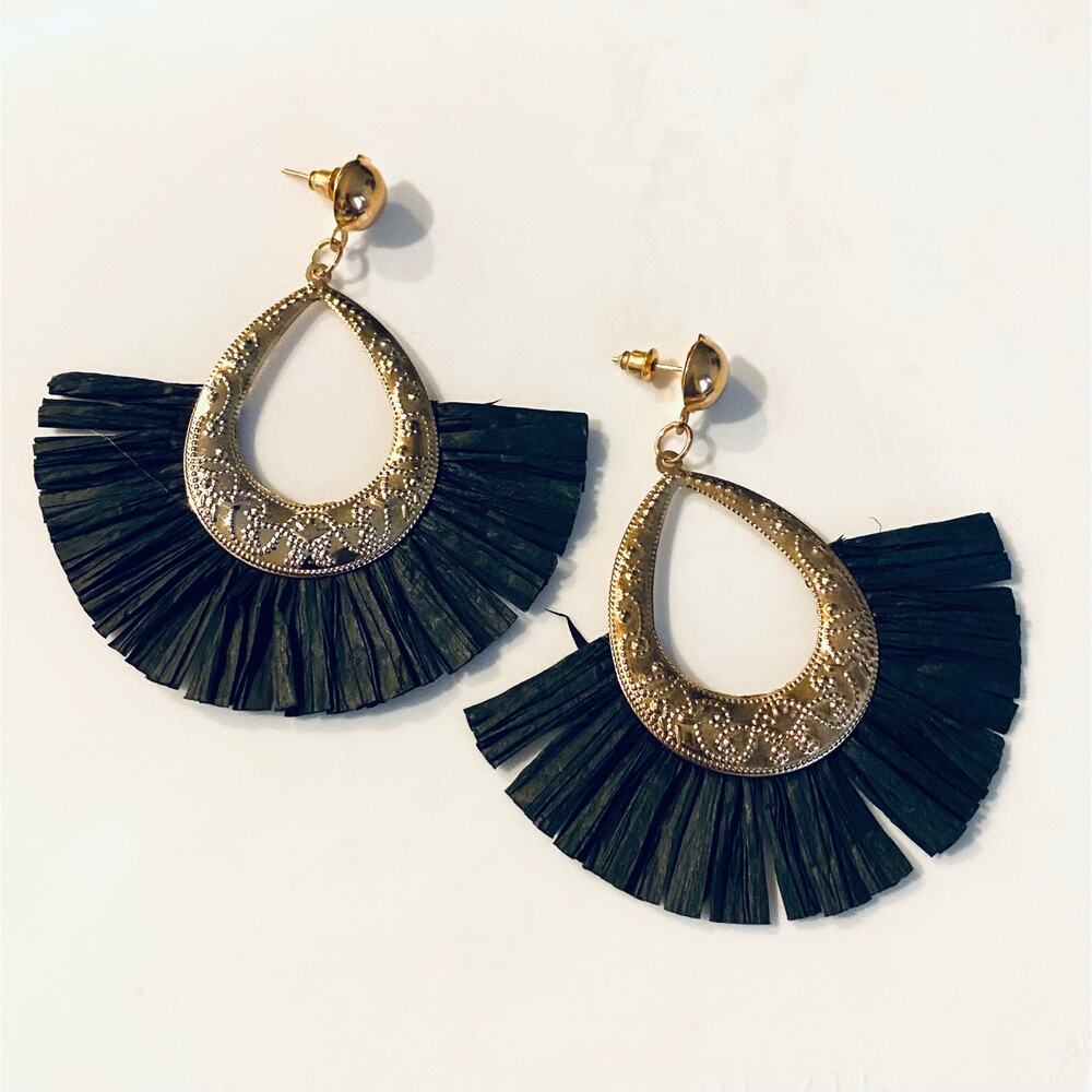 Black Raffia Teardrop Drop Earrings